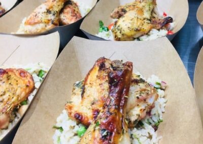 hot buffet individual boxed meal chicken on rice